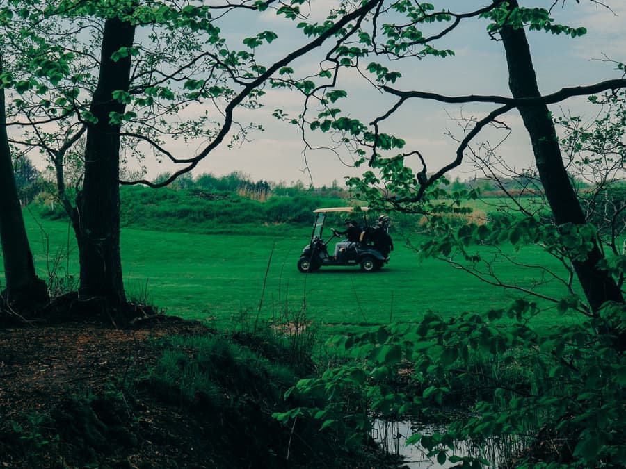 A golf cart parked beside a fairway