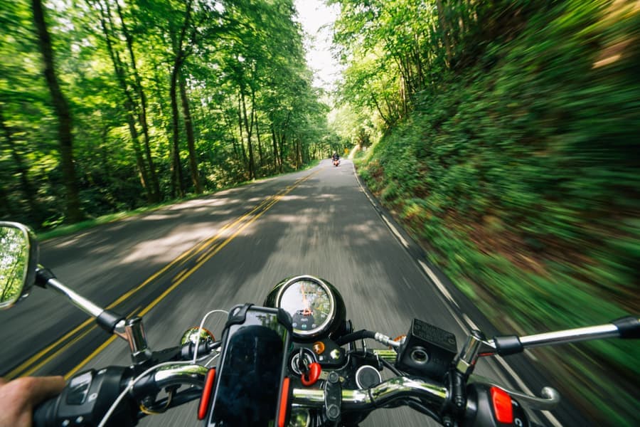 A motorcycle riding through winding forest roads